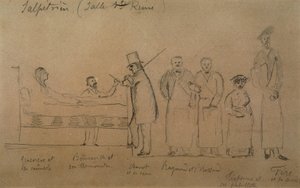 Charcot diseñado por uno de sus estudiantes. De izquierda a derecha: paciente Genevieve en una camisa de fuerza, Doctor Desire Magloire Bourneville con un termómetro, Jean Martin Charcot, Raymond y Brissaud, Me Tirperme y Charles Fere. Sala Santa Reina, Ho de French School
