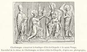 Carlomagno consagrando la basílica de Aquisgrán a la Virgen Santa, Bajorrelieve de la caza de Carlomagno en el tesoro de Aquisgrán (grabado) de French School