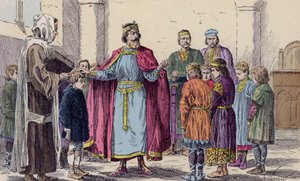 Carlomagno visitando una escuela (litografía en color)