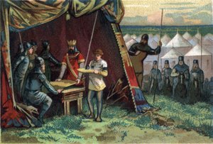 Carlos II llamado el Calvo compró la paz a precio de plata. Cromolitografía alrededor de 1890 de French School