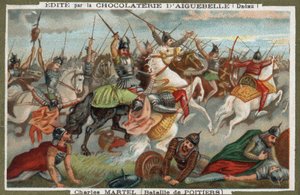 Carlos Martel detiene a los musulmanes en la Batalla de Poitiers en 732. Cromolitografía del siglo XIX. de French School