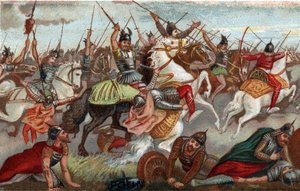 Carlos Martel deteniendo a los musulmanes en la Batalla de Poitiers en 732. Cromolitografía del siglo XIX.