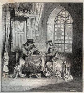 Carlos VI (1380-1422) y Odette de Champdivers - Rey Carlos VI de Francia, conocido como Carlos el Bienamado, luego Carlos el Loco (1368-1422) con su amante Odette de Champdivers (circa 1390-circa 1425) jugando a las cartas - grabado en "Paris a travers les de French School