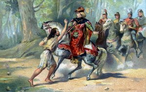 Carlos VI atrapado en la locura en el bosque de Le Mans. cromolitografía de finales del siglo XIX