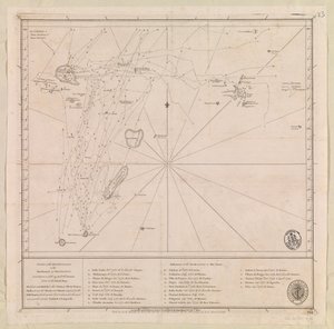 Carta del archipiélago al norte de Mauricio trazada en 1776 por el teniente de navío francés M le Victe Grenier [Incluye las Seychelles, el grupo de Mauricio de las Maldivas más meridional y el archipiélago de Chagos]. de French School
