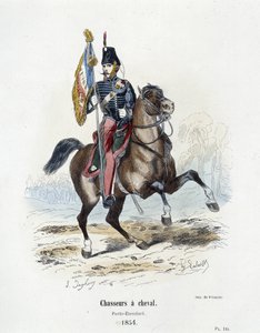 Cazadores a caballo: Portaestandarte en 1854 - en "Historia del ejército" por A. Barbier de French School