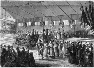 Bendición de locomotoras durante la inauguración de la línea ferroviaria entre Pont Lévêque y Honfleur, Calvados (14) de French School