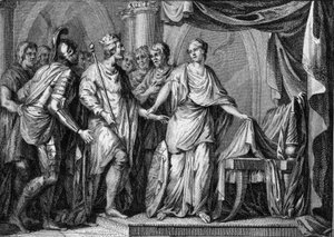 Childeberto II (570-596), rey de Austrasia, tomó posesión del reino de Borgoña y Orleans tras la muerte de Gontrán I en 592. Grabado del siglo XVIII de French School