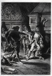 Childeberto I (c498-558) en el asesinato de los herederos de sus hermanos en 526 - Childeberto I dejó que Clotario (Clothaire) masacrara a los hijos de su hermano Clodomiro, Rey de Orleans, cuyos estados comparten, 526 - grabado de "L