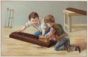 Niños construyendo una gran barra de chocolate de madera, anuncio de Suchard Chocolate