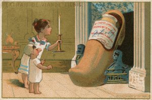 Niños examinando zapato que contiene extracto de Liebig de French School