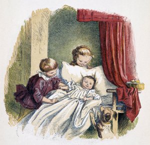 Niños jugando con una muñeca en "Schnik, schnak, bagatelas para los pequeños", juegos infantiles. ed. Londres- Georges Ronthedge y hijos. Nueva York, The broad way Ludgate s.f. c. 1890 de French School