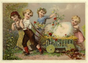 Niños tirando de un enorme huevo de Pascua de French School