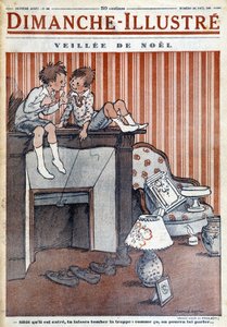 Niños sentados en la chimenea, tendiendo una trampa a Papá Noel, para el periódico navideño de 1930 "Le Dimanche illustrious" (grabado) de French School
