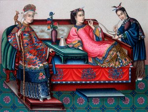 Mujeres nobles chinas fumando opio - en "El traje histórico" por Racinet de French School
