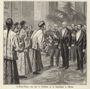 El político y diplomático chino Li Hongzhang recibido por el presidente francés Félix Faure en el Palacio del Elíseo, París de French School