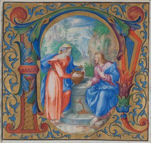 Cristo y la mujer de Samaria en el pozo (témpera sobre vitela)