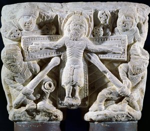 Cristo en la Cruz, relieve en un capitel de columnas gemelas de French School