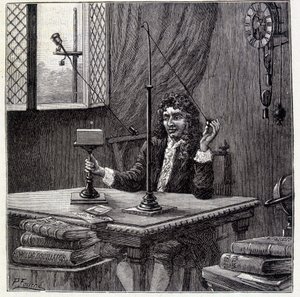 Christian Huyghens observando "la inclinación al movimiento" o elasticidad del cuerpo - en "Physique Populaire" por Emile Desbeaux de French School