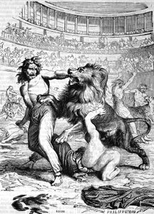 Cristianos expuestos a bestias feroces en el anfiteatro de Lyon - en “Historia de Francia” de L.-P. Anquetil de French School