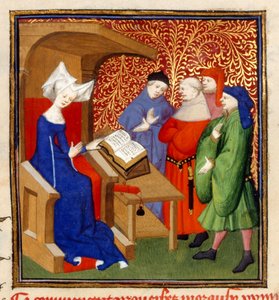 Christine instruyendo, MS Harley 4431, f.259v, Francia, c.1410-14 (color sobre pergamino)