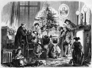 Fiesta de Navidad en Alsacia: una familia reunida alrededor del árbol de Navidad. Grabado en 