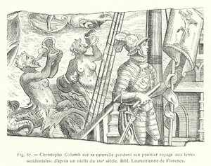 Cristóbal Colón en su carabela durante su primer viaje a las tierras occidentales; según un nielado del siglo XVI, Biblioteca Laurenciana de Florencia