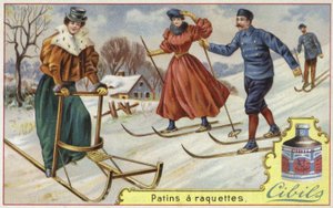 Tarjeta Cibils con esquí y trineo de French School