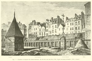 Cementerio y osarios de los Santos Inocentes, del lado de la calle aux Fers, 1780, según un dibujo de Bernier, Coll A Lenoir