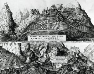 Ciudad de Saorge, Francia, bajo el dominio de Saboya, grabado de French School