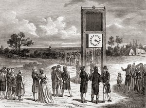 Claude Chappe demostrando su primer sistema de telégrafo aéreo en 1791, de Les Merveilles de la Science, publicado hacia 1870 (grabado). de French School