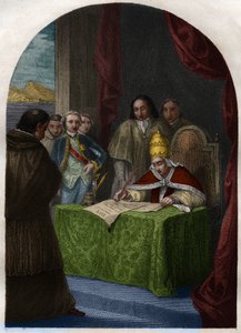Clemente XIV (Clemente o Clemens) (1705-1774) aboliendo la Sociedad de Jesús el 21 de julio de 1773. Grabado de 1842 en "Histoire des popes: crimes, murders, poisonings, parricides, adulteres, incest..." por Maurice Lachatre. Colección privada. de French School