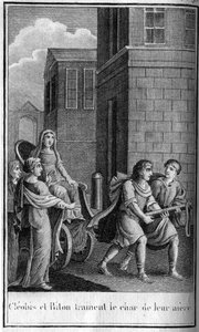 Cleobis y Biton hermanos gemelos argianos, hijos de Cydippe, sacerdotisa de Hera. Son el símbolo del amor filial. Mueren de agotamiento al tirar del carro de su madre desde Argos hasta el santuario de Hera, cerca de Micenas. En 