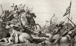 Clodion, el Peludo (c.428-47) se retira a través del puente después de su derrota por Aetius, de 