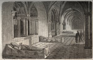 Claustro de Fontevrault con estatuas de Enrique II - Leonor de Aquitania - grabado en 