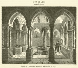 Claustro de la abadía de los Benedictinos, en Monreale, en Sicilia (grabado) de French School