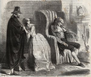 Clotilde Sprengel y Zacharie Bergmann observan al doctor alemán Petrus Schultz dormido frente al siglo XVIII. Grabado de 1871 en “Histoire Des Cocuses Celebres” de Henry de Kock de French School