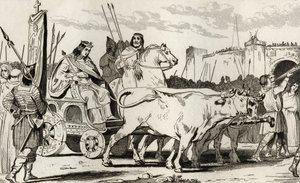 Clodoveo III (682-95) en un carro tirado por bueyes, con Pepino II de Herstal (c.714) cabalgando a su lado, de 