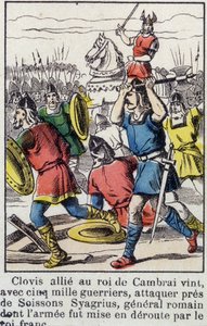 Clodoveo, aliado con el rey de Cambrai, vino con 5000 guerreros a atacar cerca de Soissons a Siagrio, el general romano, cuyo ejército fue derrotado por el rey franco