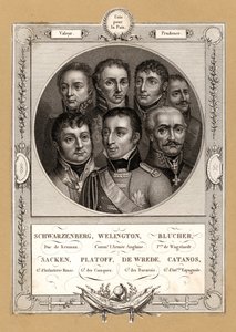 Comandantes militares de la coalición de las Guerras Napoleónicas: Fabian Gottlieb von der Osten-Sacken, General de Infantería ruso; Matvei Platov, General ruso al mando de los Cosacos del Don; Karl Philipp von Wrede, General bávaro; Francisco Javier Casta de French School