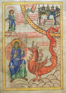 La Mujer Escarlata, Madre de las Abominaciones encontrándose con la Bestia del Apocalipsis, del Liber Floridus de Lambert de Saint-Omer c.1120