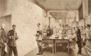 Comandante y personal del Departamento de Aviación francés marcando el progreso de una incursión de Gotha en París, 1914-19 de French School