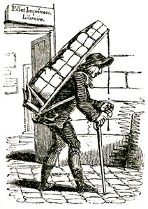 Comisionado (mensajero) en el siglo XIX saliendo del librero Pillet en París, llevando una carga de libros a la espalda.