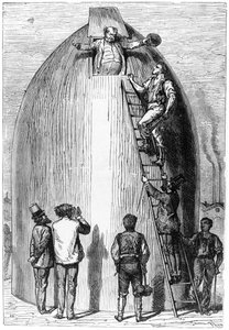 Construcción de un cohete, ilustración de De la Tierra a la Luna de Jules Verne (1828-1905) París, Hetzel, publicado en 1865 de French School
