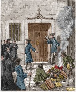 Condena de la Sociedad de los Jesuitas tras la decisión del Parlamento de París del 6 de agosto de 1762. El tribunal ordenó que más de 24 libros y escritos hechos por los jesuitas fueran quemados por el verdugo. Grabado del siglo XIX. de French School