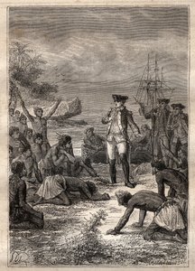 Recepción de Cook por los nativos - Tercer viaje de James Cook - Cook recibido por los nativos - Tercer viaje de James Cook en el Océano Pacífico - ilustración tomada de "Los Grandes Navegantes del siglo XVIII" por Jules Verne de French School