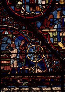 Toneleros trabajando, detalle de la Vida de San Julián el Hospitalario en la ventana del deambulatorio norte de French School