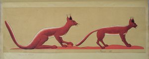 Copia de una pintura mural egipcia antigua original que representa dos gatos salvajes
