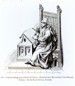 Copista escribiendo sobre una hoja de vitela, de un manuscrito, ilustración de Ciencia y Literatura en la Edad Media y el Renacimiento, escrito y grabado por Paul Lacroix, 1878