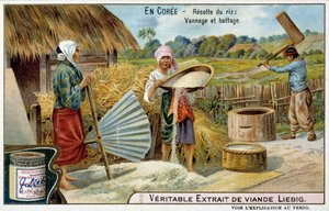 Corea: cosecha de arroz, tejido y trilla - cromo Liébig, c.1900